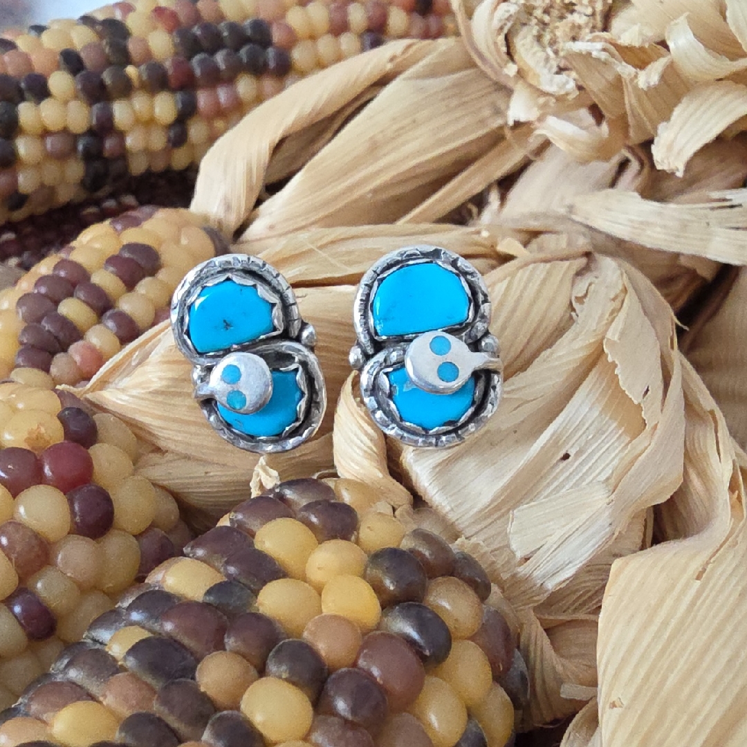 Vintage Native American Zuni Turquoise Snake Earrings By Effie Calavaza